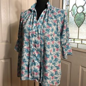 Paul & Joe 3/4 Sleeve Ruffle Blouse Tie-Neck Top Blue Sz XS